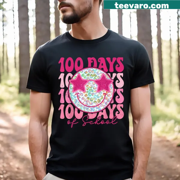 Pink kids t-shirt with a smiley face celebrating 100 days of school