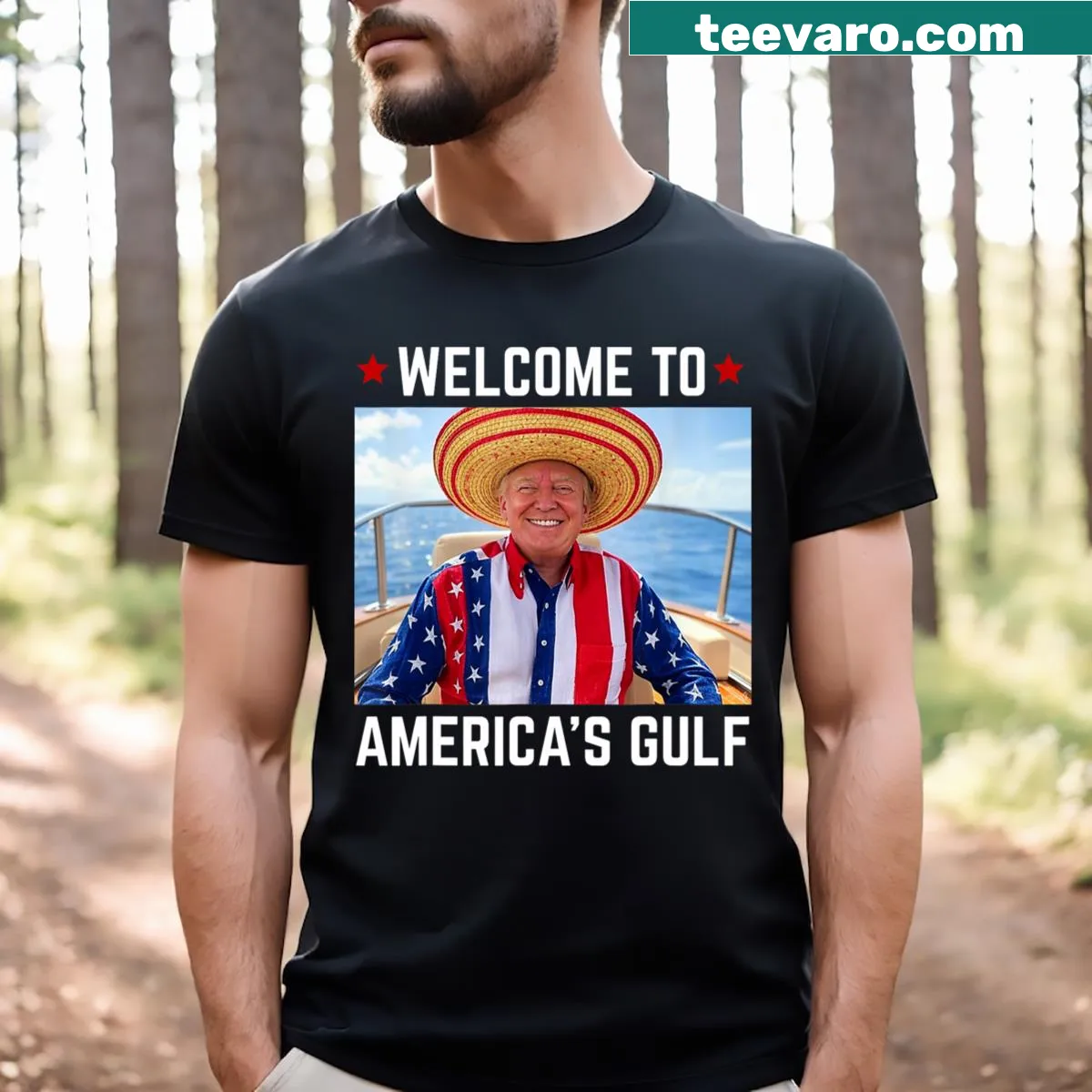Illustration of President Trump with a sombrero for a humorous T-shirt — on a men's t-shirt