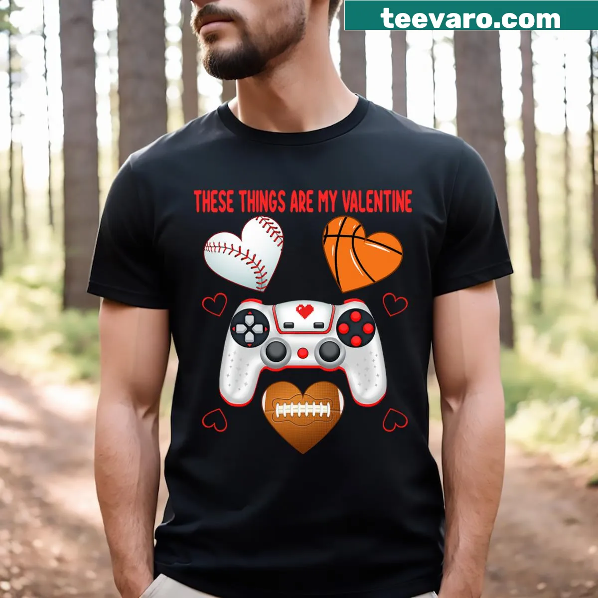 T-shirt combining hearts, gaming, football, and baseball for Valentine's Day — on a men's t-shirt