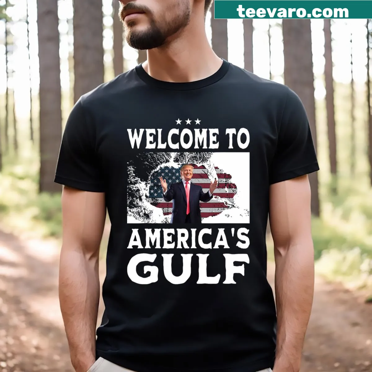 Vintage t-shirt with American flag and 'Welcome to America's Gulf' text — on a men's t-shirt