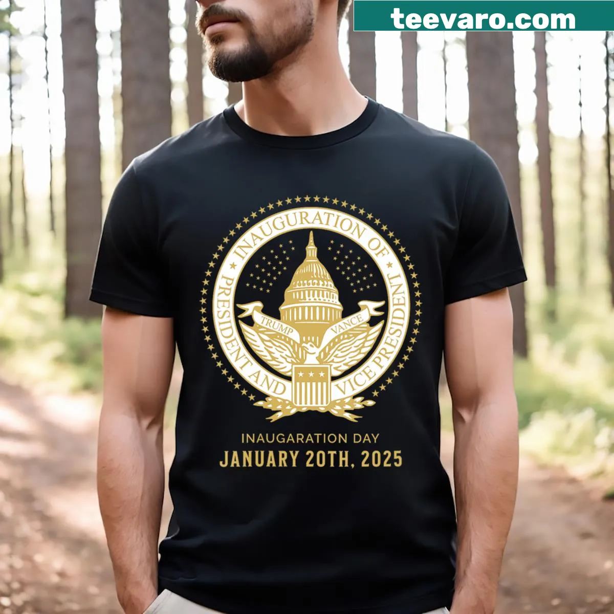 Commemorative V-neck t-shirt for the 47th Presidential Inauguration of Donald Trump — on a men's t-shirt