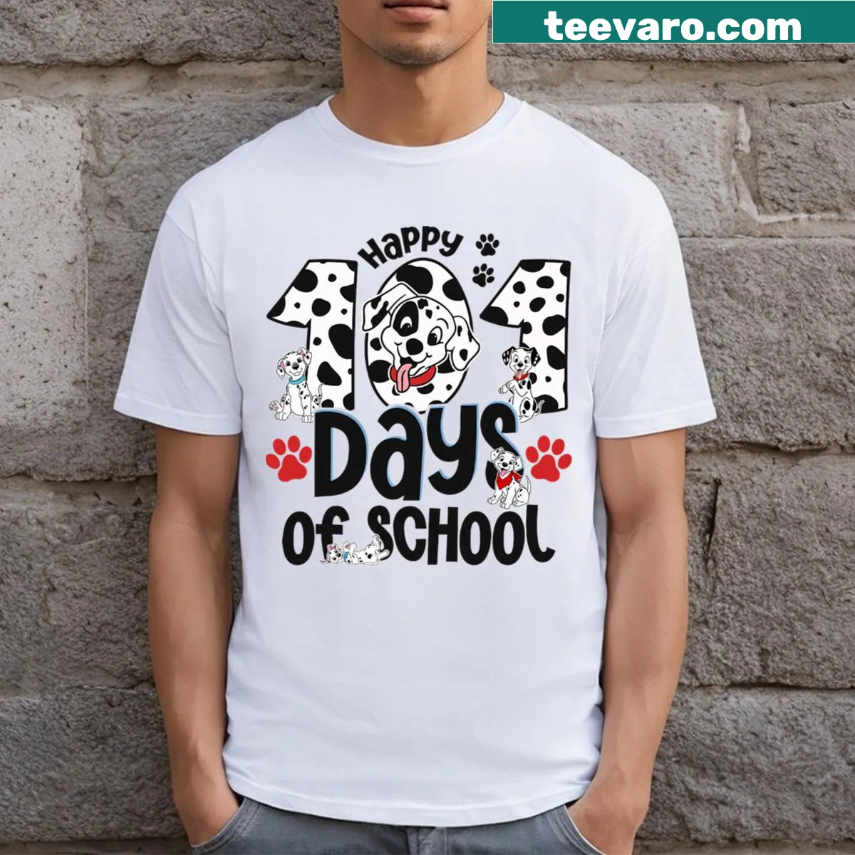 Dalmatian dog illustration celebrating 100 days of school — on a men's t-shirt
