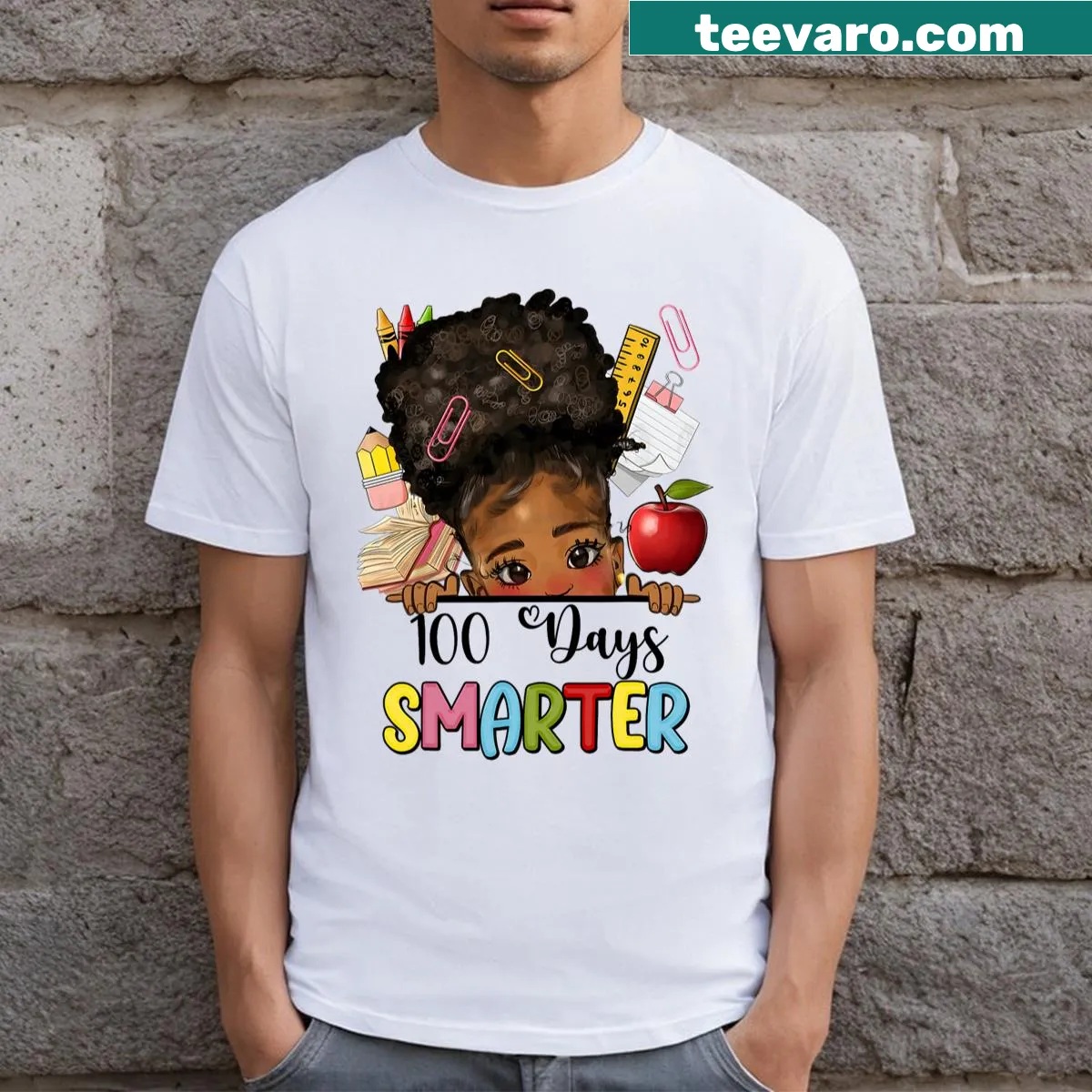 Afro girl illustration with '100 Days Smarter' text for kids — on a men's t-shirt