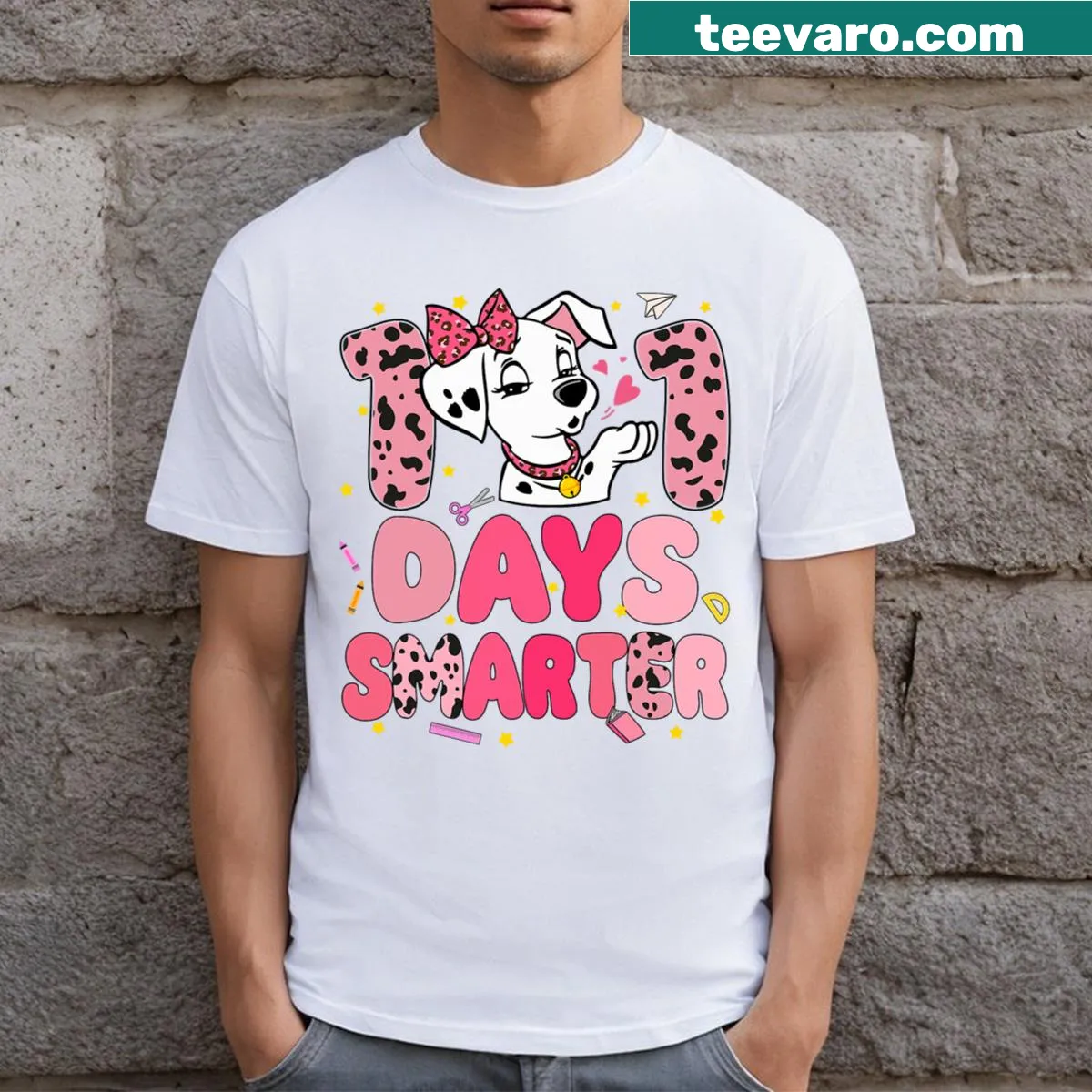 Dalmatian dog illustration with '100 Days Smarter' text for girls — on a men's t-shirt