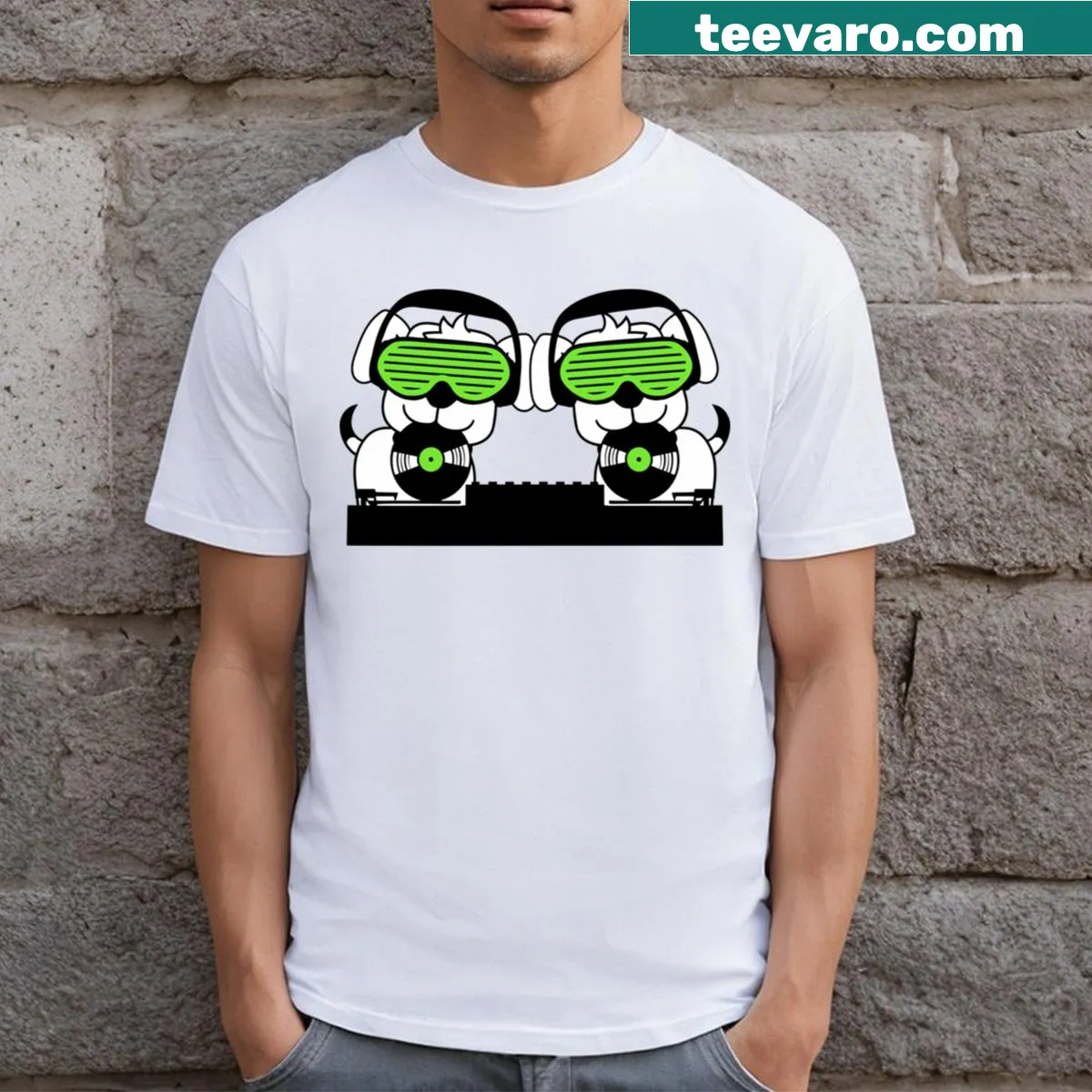 Cartoon graphic of two dogs DJing with vinyl records on a T-shirt — on a men's t-shirt