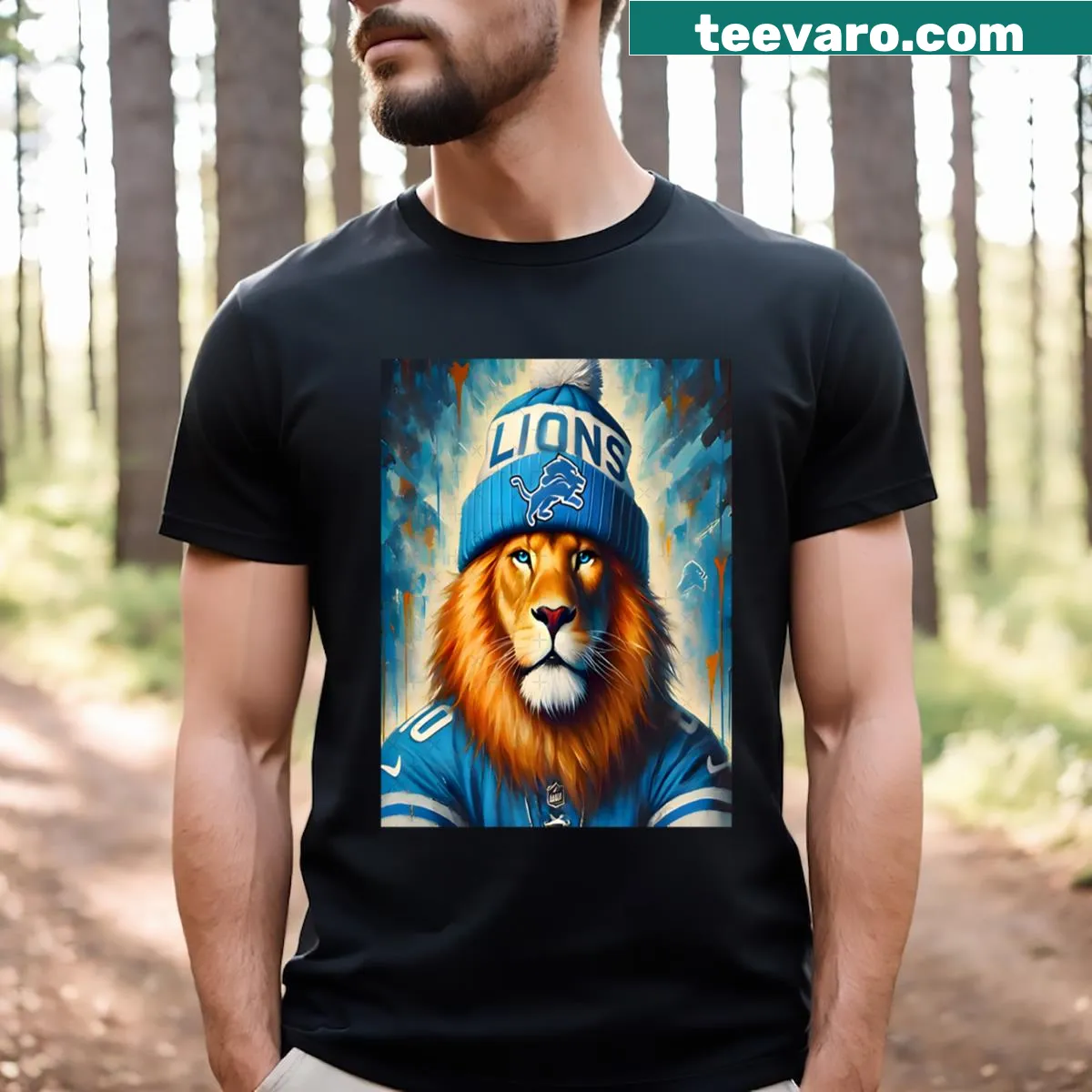 Detroit Lions team name featured prominently on a T-shirt — on a men's t-shirt