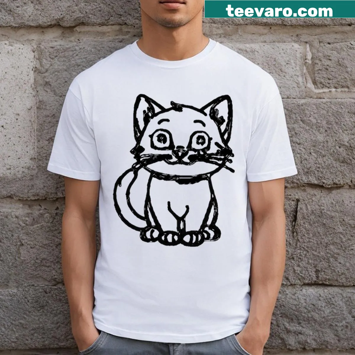 Minimalist sketch of an adorable cat on a t-shirt — on a men's t-shirt