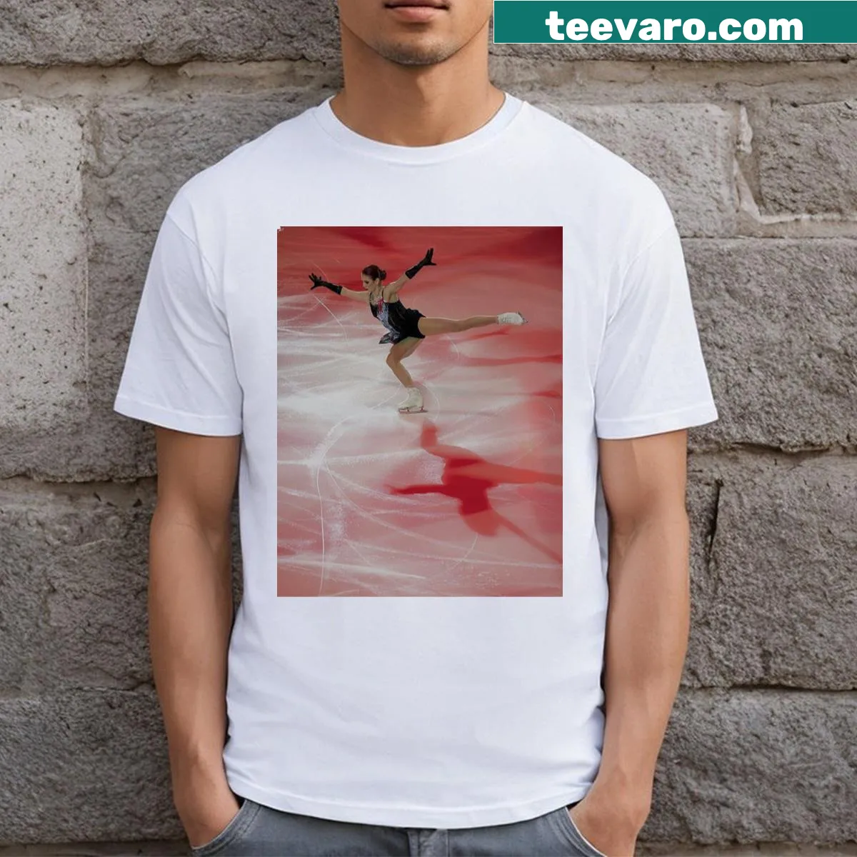 Illustrative graphic combining figure skating and Cruella character on a T-shirt — on a men's t-shirt