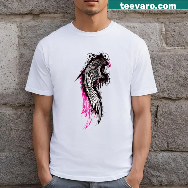 Illustrated angel wing design on a T-shirt