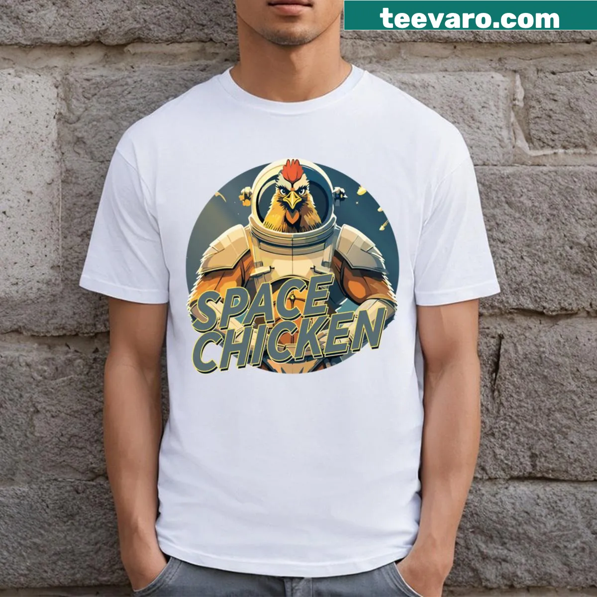 Cartoon graphic of Astro Bawk Warrior on a T-shirt — on a men's t-shirt