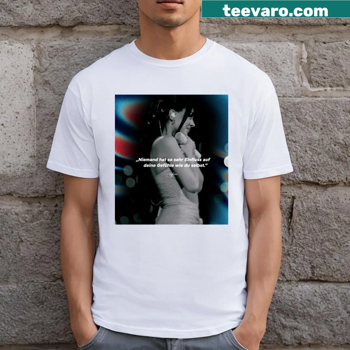 T-shirt featuring an inspiring quote by Ayliva in artistic typography — on a men's t-shirt
