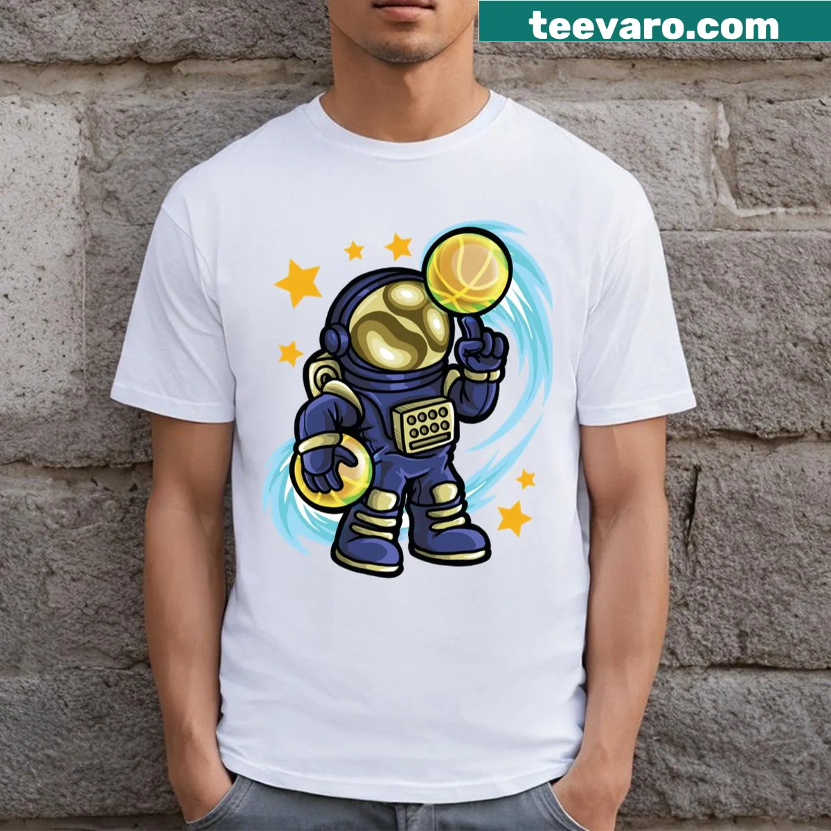 Cartoon astronaut and a cheerful planet in space illustration — on a men's t-shirt