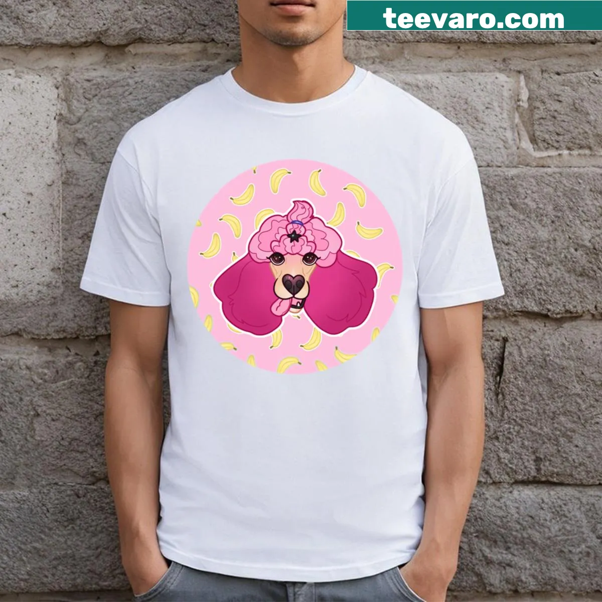 Humorous cartoon of a Standard Poodle, banana, and swan — on a men's t-shirt