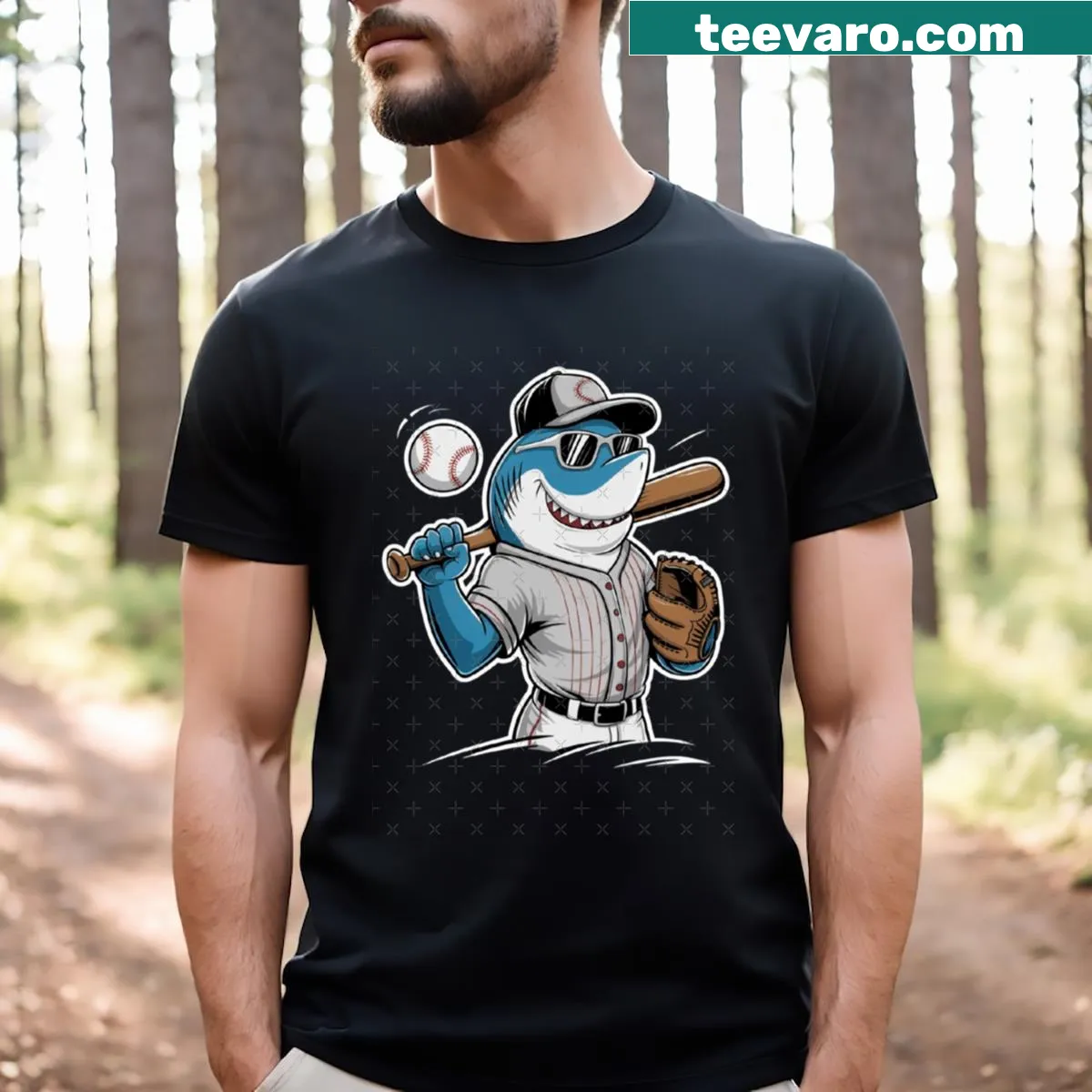 Cartoon shark in a baseball uniform graphic t-shirt for sports fans — on a men's t-shirt