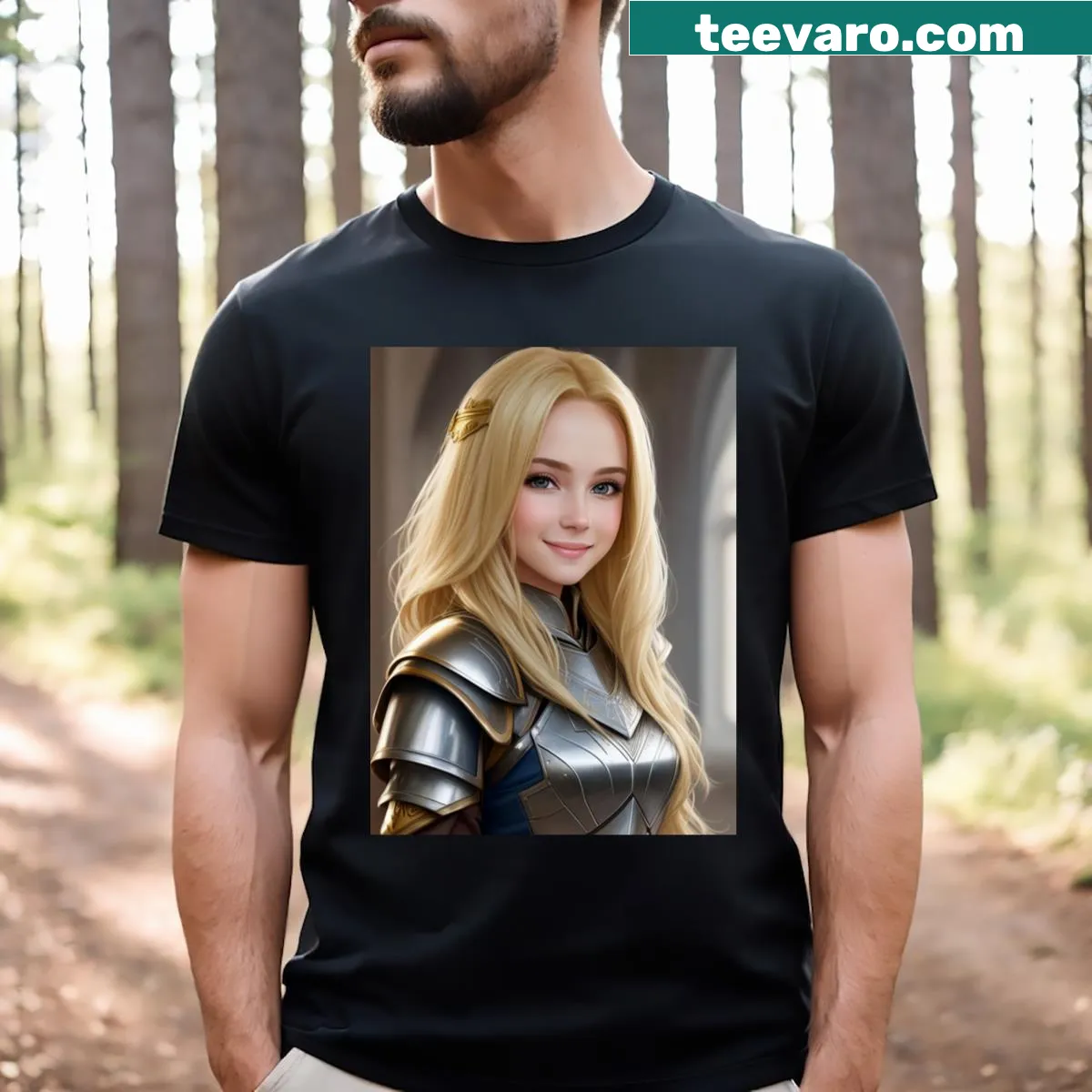 Illustration of a brave woman in armor on a t-shirt — on a men's t-shirt