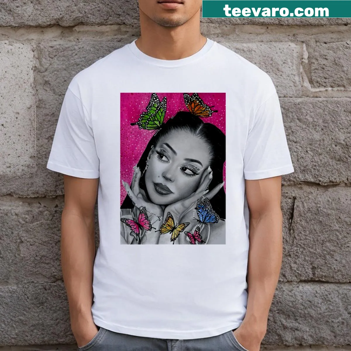 Illustration of Ayliva with butterflies on a t-shirt — on a men's t-shirt