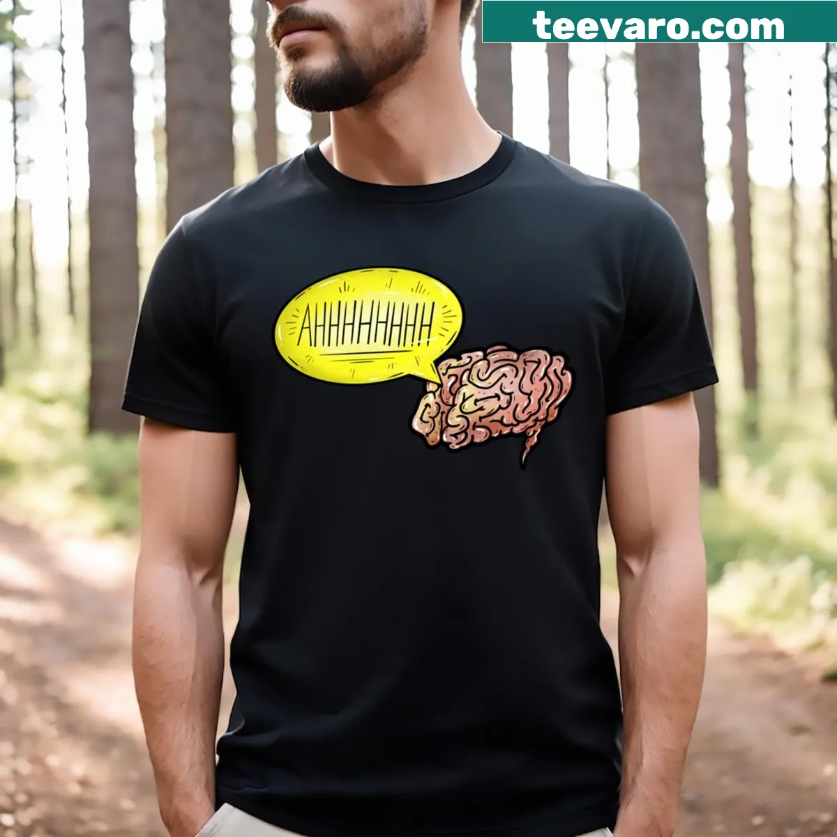 Funny T-shirt with bold text depicting a brain scream theme — on a men's t-shirt