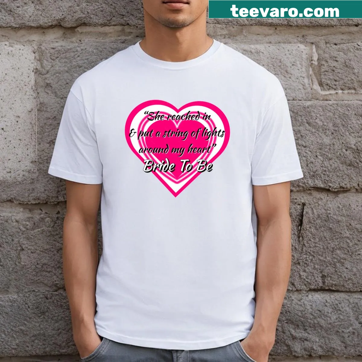 T-shirt featuring Bride To Be design with desert hearts and string lights — on a men's t-shirt