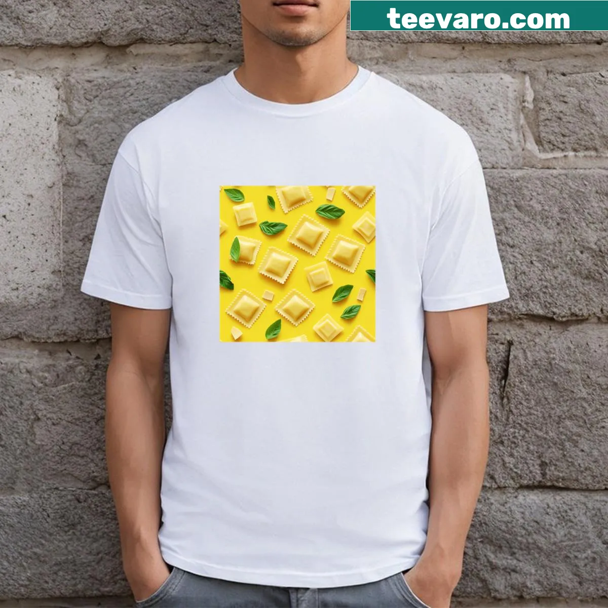 Cute ravioli and basil illustration on a fun T-shirt — on a men's t-shirt