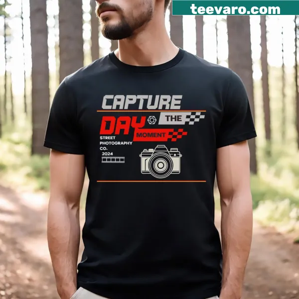 T-shirt featuring text about photography and moments captured