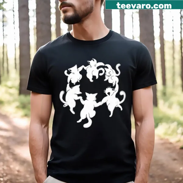Playful dancing cats in a whimsical circle on an inverted t-shirt