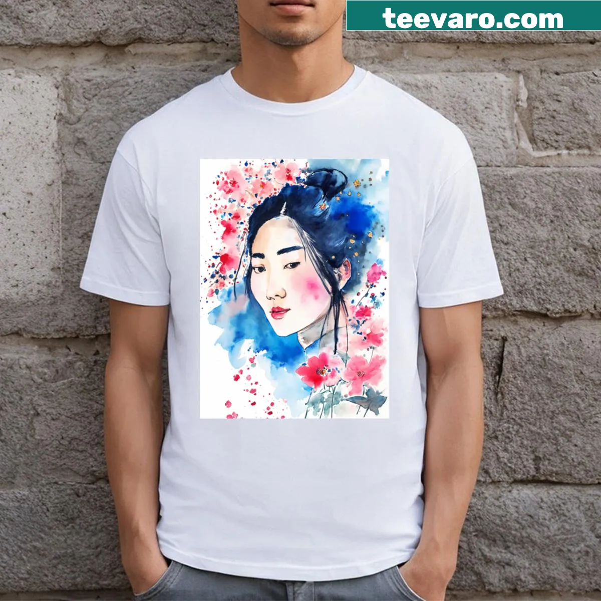 Illustrative t-shirt featuring a Chinese woman with floral and starry elements — on a men's t-shirt