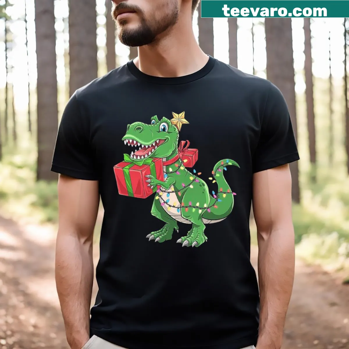 Humorous dinosaur with gift boxes and festive lights on a t-shirt — on a men's t-shirt