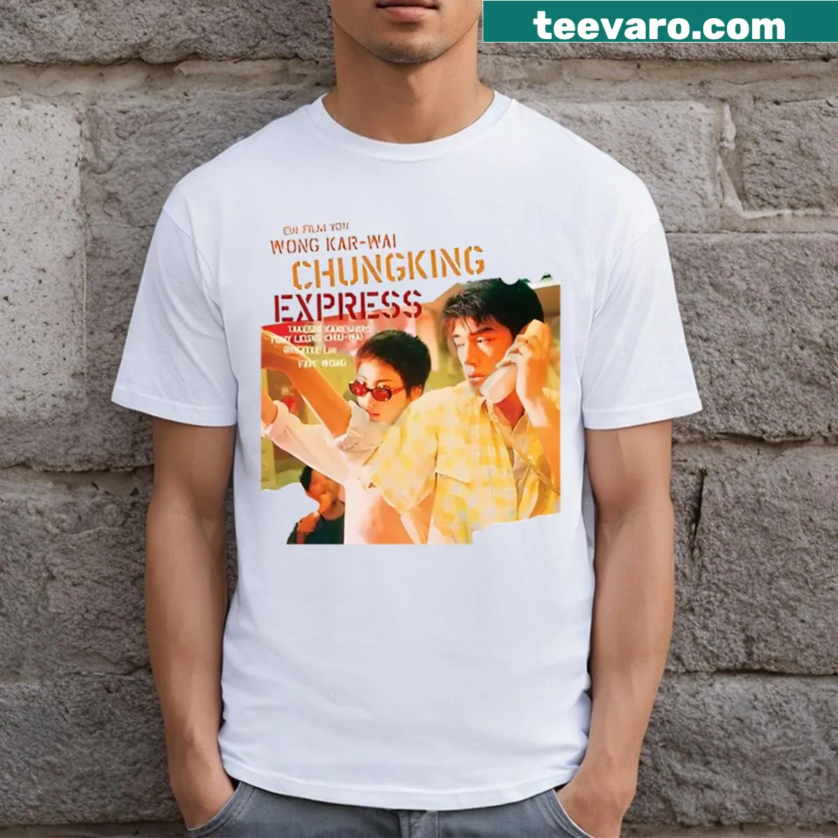 Minimalist text design inspired by Chungking Express on a t-shirt — on a men's t-shirt
