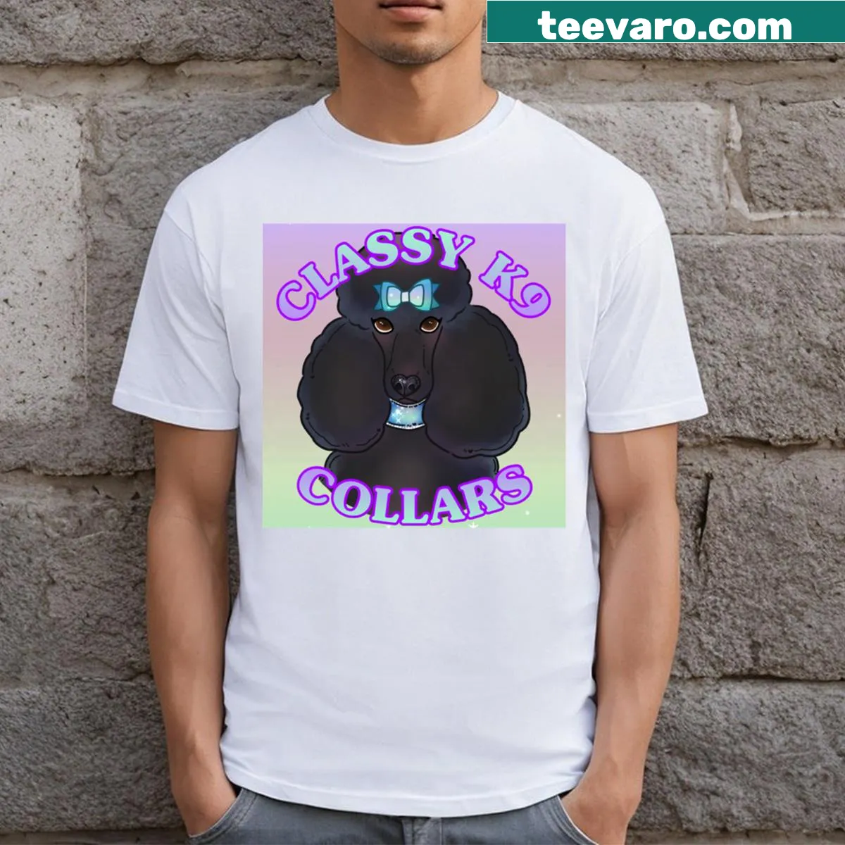Illustrated Classy K9 Collars logo T-shirt for dog lovers — on a men's t-shirt