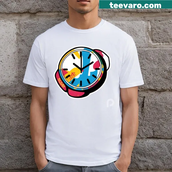 Stylish T-shirt featuring various clock logos in a modern design