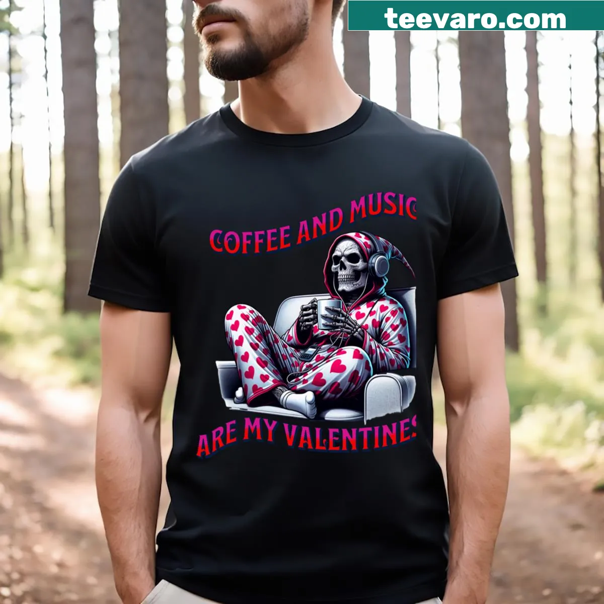 Charming Coffee and Music design on a Valentine T-shirt — on a men's t-shirt