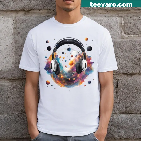 T-shirt featuring cosmic imagery and soundwave design