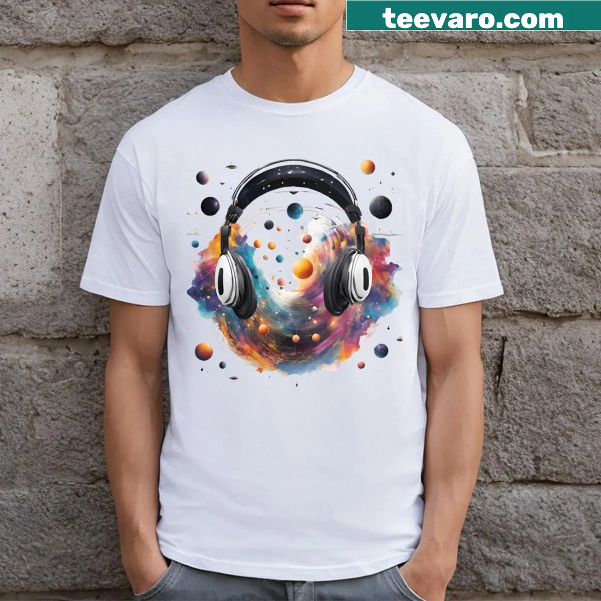T-shirt featuring cosmic imagery and soundwave design — on a men's t-shirt