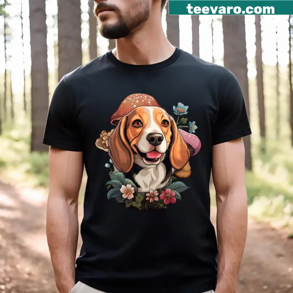 Charming Cottagecore t-shirt featuring a beagle and mushrooms