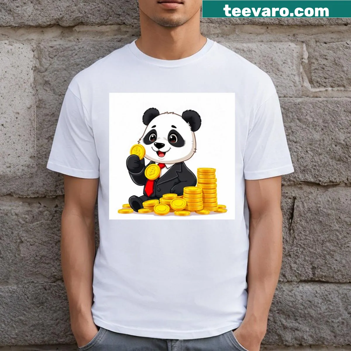 Cute panda businessman holding a gold coin illustration on a T-shirt — on a men's t-shirt