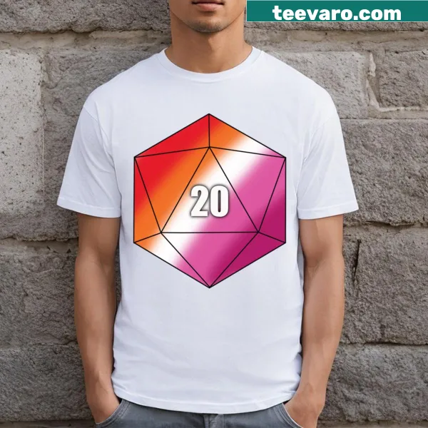 D20 graphic t-shirt celebrating lesbian pride in gaming.