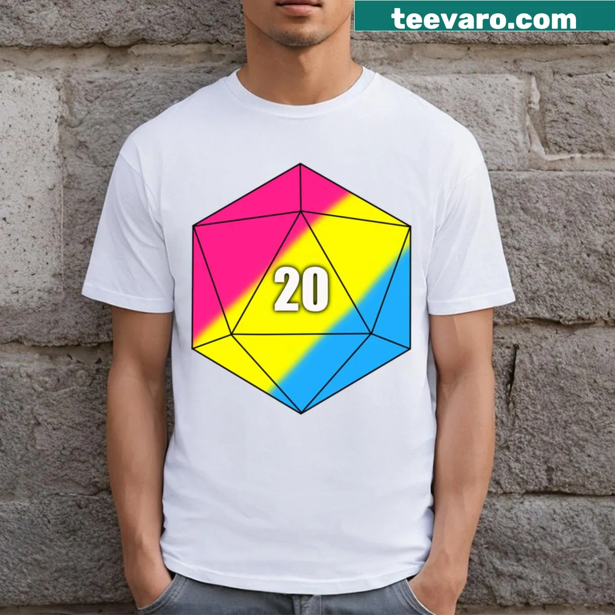 D20 graphic T-shirt representing pansexual pride — on a men's t-shirt