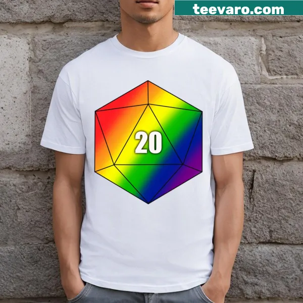Colorful D20 die graphic on a gaming-themed t-shirt