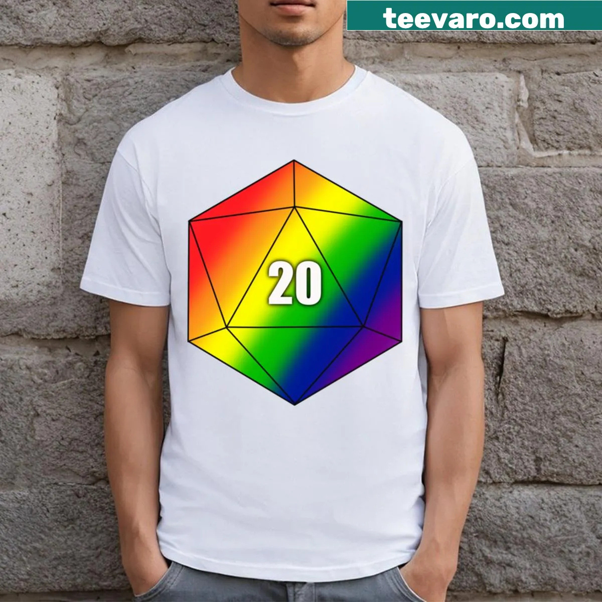 Colorful D20 die graphic on a gaming-themed t-shirt — on a men's t-shirt