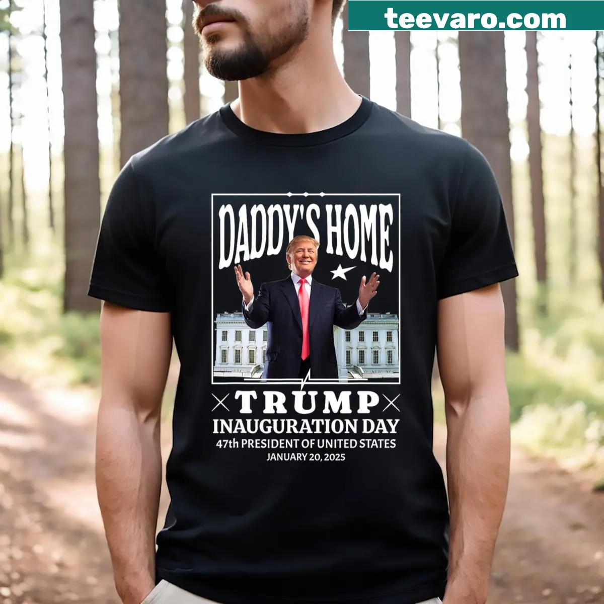Y2K-style Trump inauguration memorabilia t-shirt — on a men's t-shirt