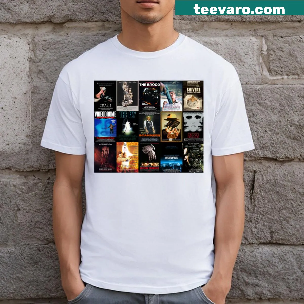 Vintage collage of David Cronenberg movie posters on a T-shirt — on a men's t-shirt