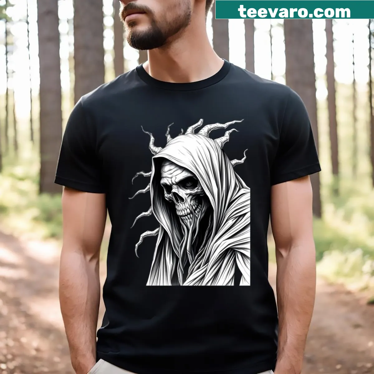 Skeleton graphic T-shirt featuring a reaper design. — on a men's t-shirt
