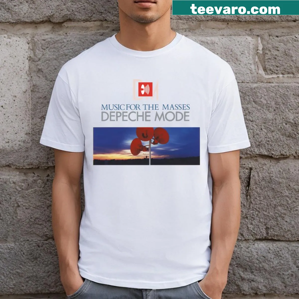Retro-style T-shirt featuring Depeche Mode Music For The Masses logo — on a men's t-shirt