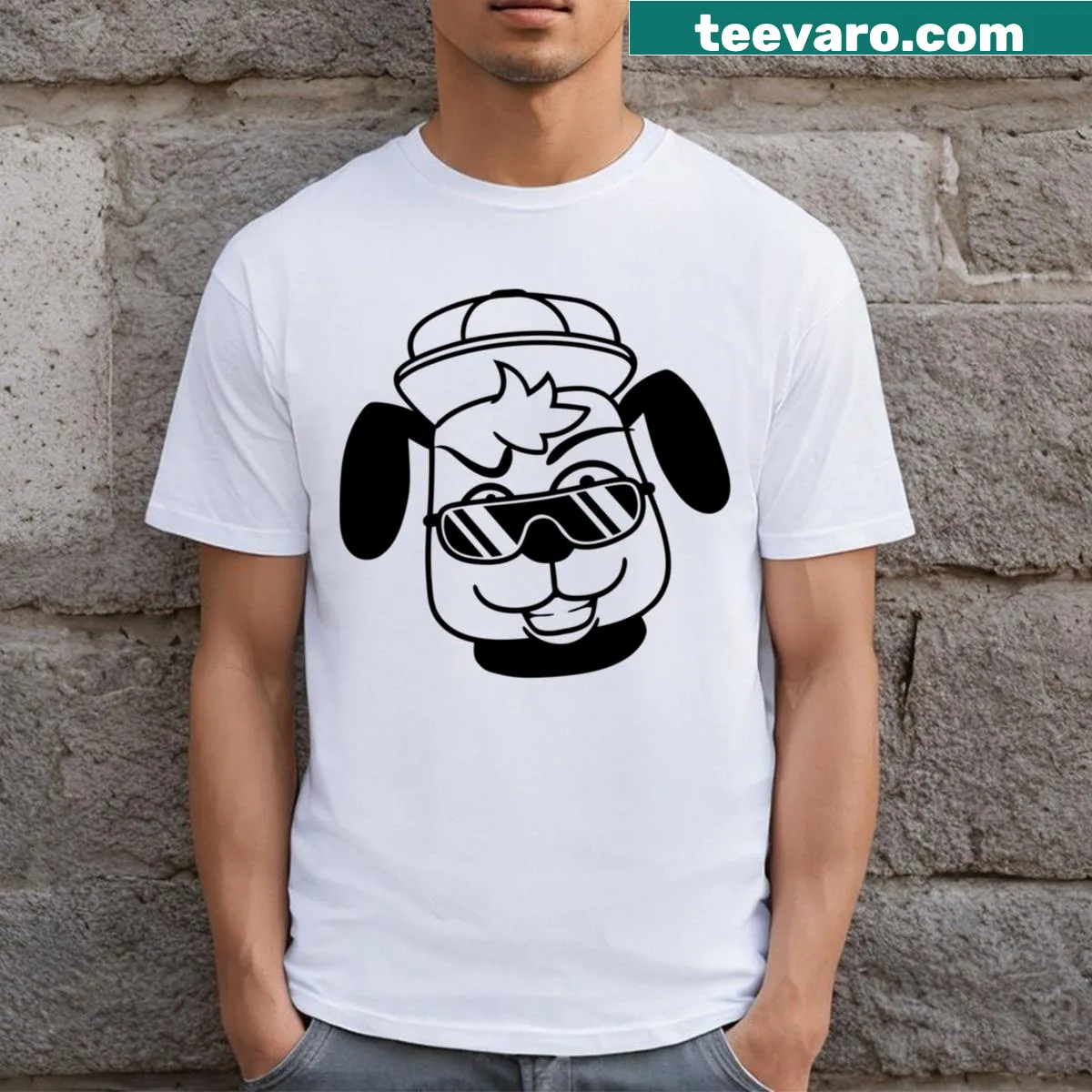 Cartoon DJ dog in sunglasses on T-shirt — on a men's t-shirt