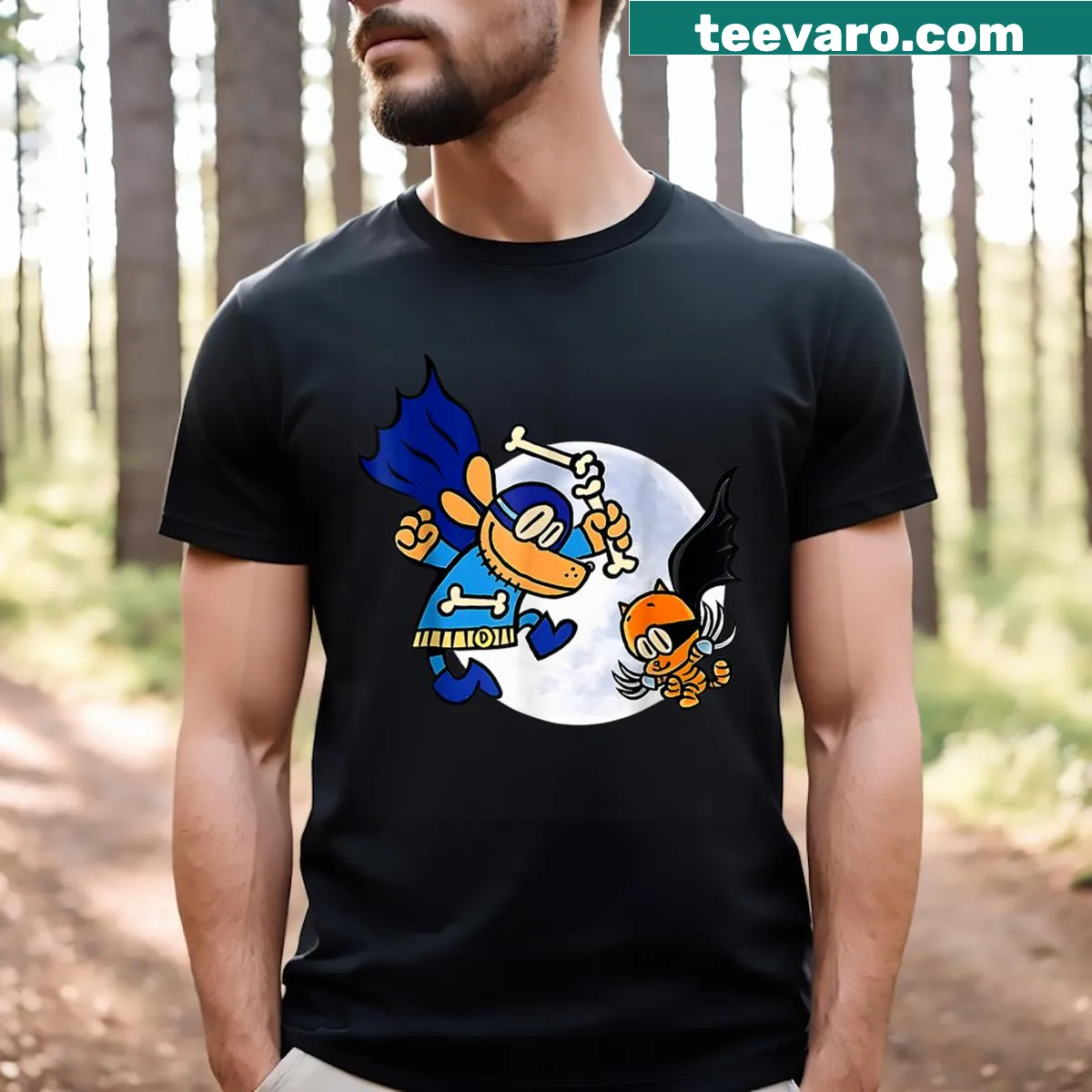 Kid T-shirt featuring dog and cat illustrations — on a men's t-shirt