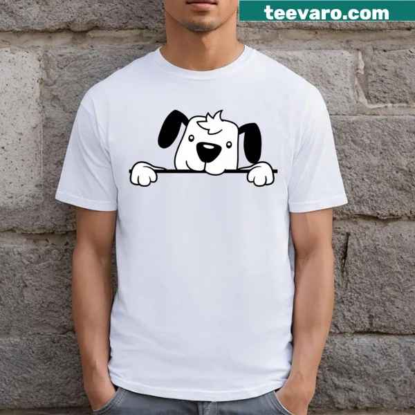 Comic cartoon dog peeking over a fence with a happy expression