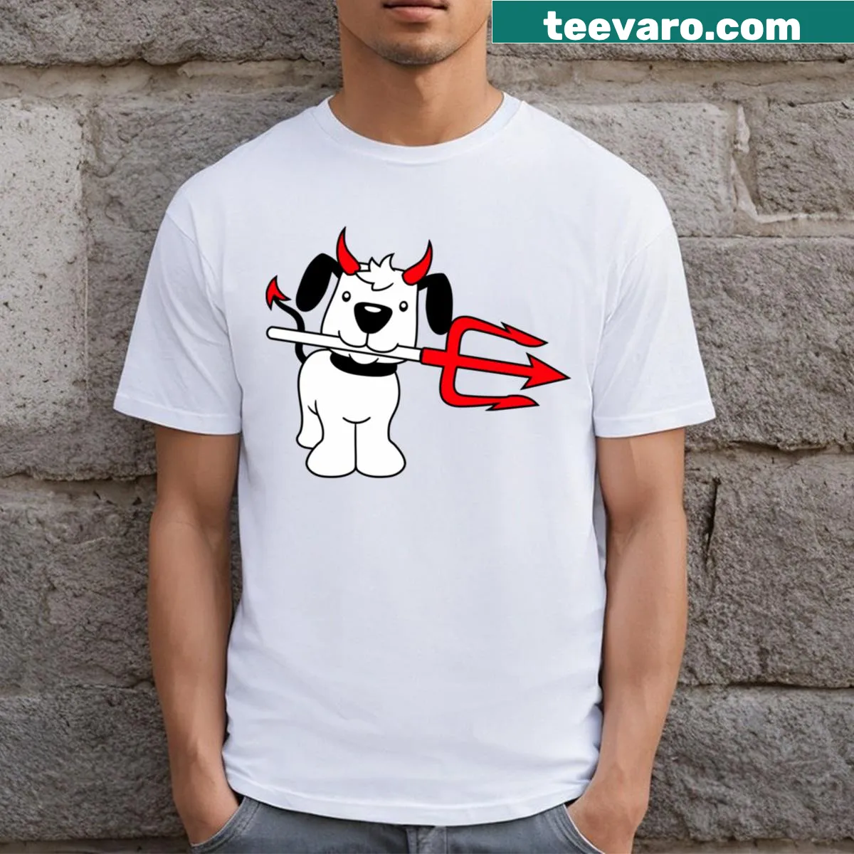 Cartoon dog with devil horns and trident in a cool design — on a men's t-shirt