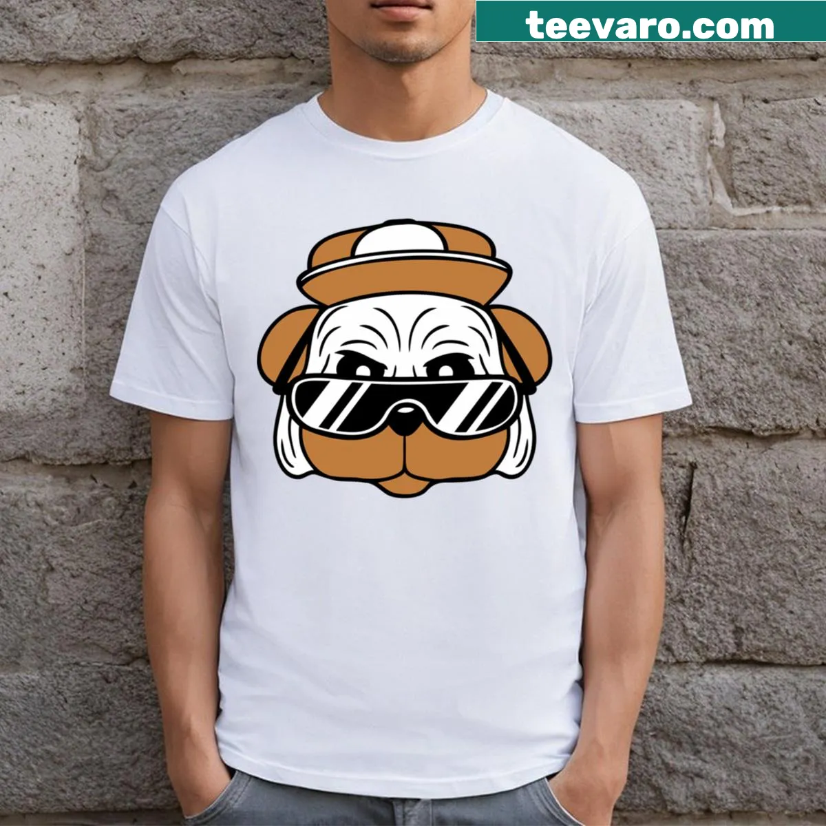 Cartoon T-shirt featuring a cool pug with sunglasses and a cap. — on a men's t-shirt