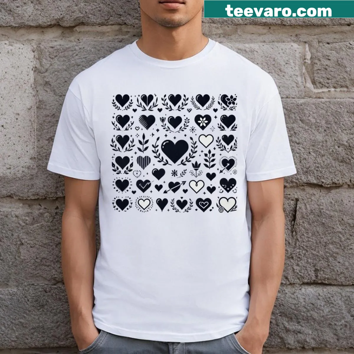 Minimalist heart silhouettes creating an elegant design — on a men's t-shirt