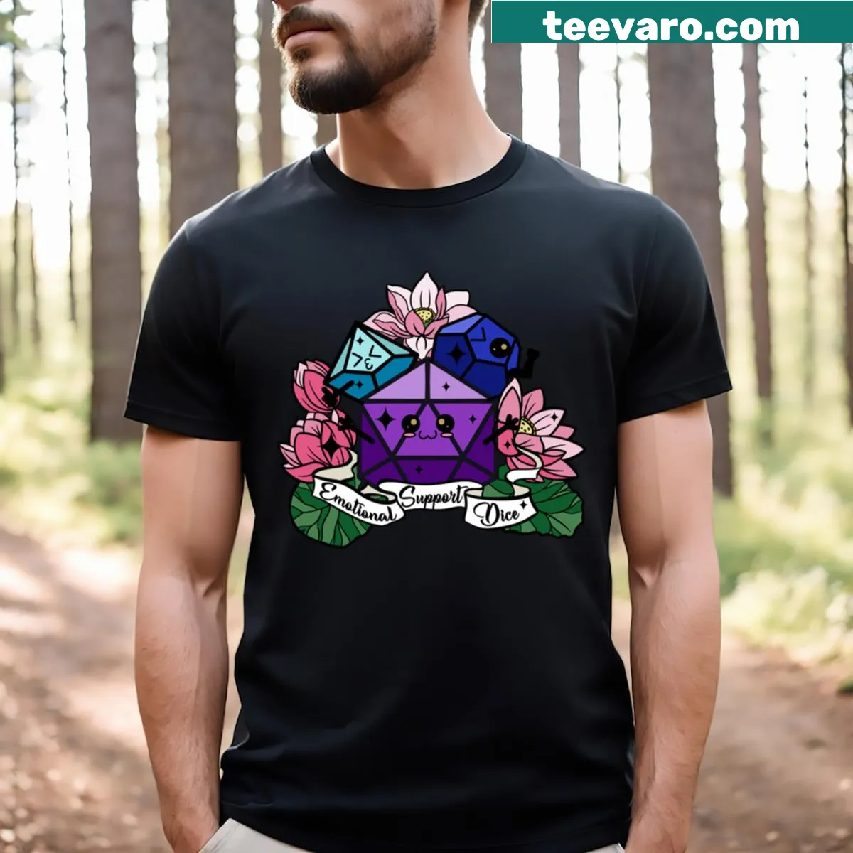 T-shirt with 'Emotional Support Dice' text and Dungeons and Dragons themed graphics — on a men's t-shirt